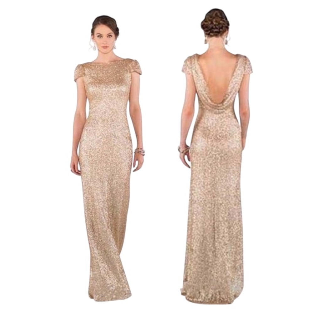 Sorella Vita Gold Matte Sequin Drape Cowl open back Maxi Dress Bridesmaid